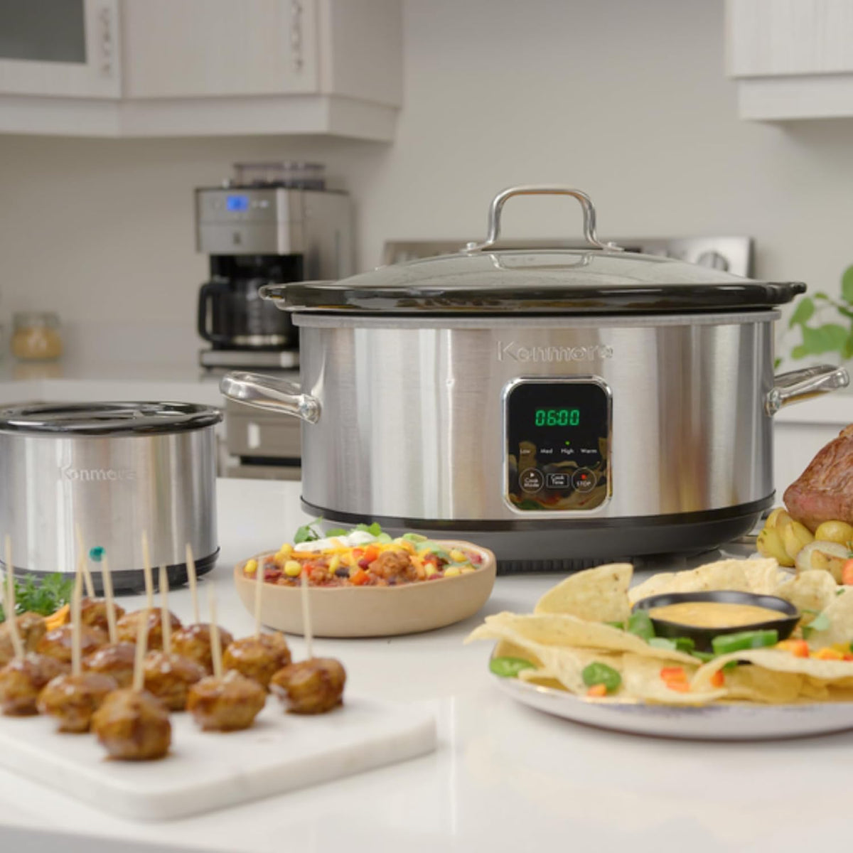 Kenmore 7 Quart Slow Cooker - Programmable Crock Pot with Dipper, Stainless Steel Electric Cookers, Warm Rice & Sous Vide Stew Soup for Lunch, Dishwasher Safe Non-Stick Ceramic Insert, Digital Control - PuriLite