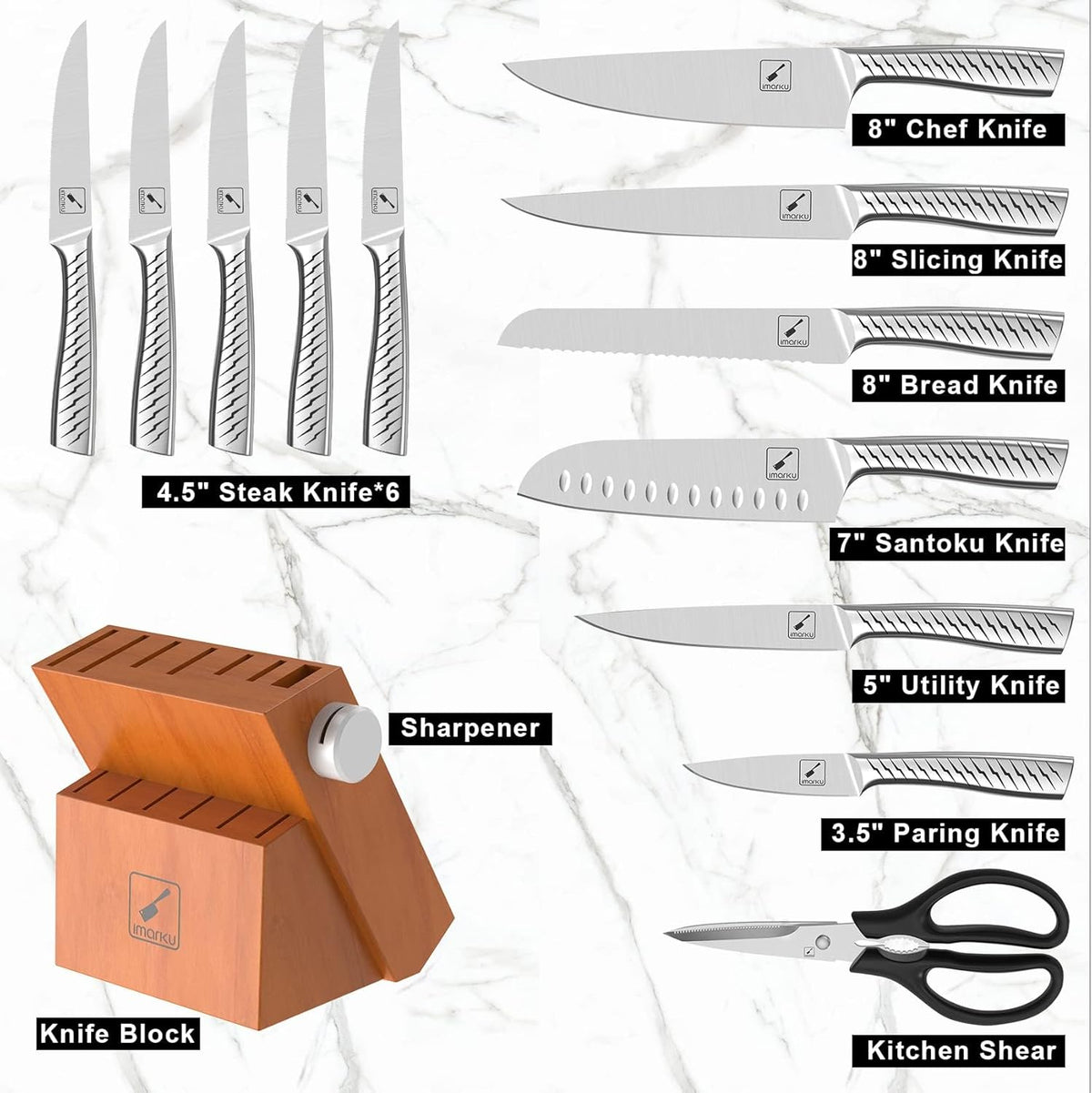 Knife Sets for Kitchen with Block imarku Japanese Knife Set Stainless Steel Kitchen with Block 14pcs, Built-in Sharpener, Sharp Knife Block Set with Non-Slip Ergonomic Handles - Dishwasher Safe - PuriLite