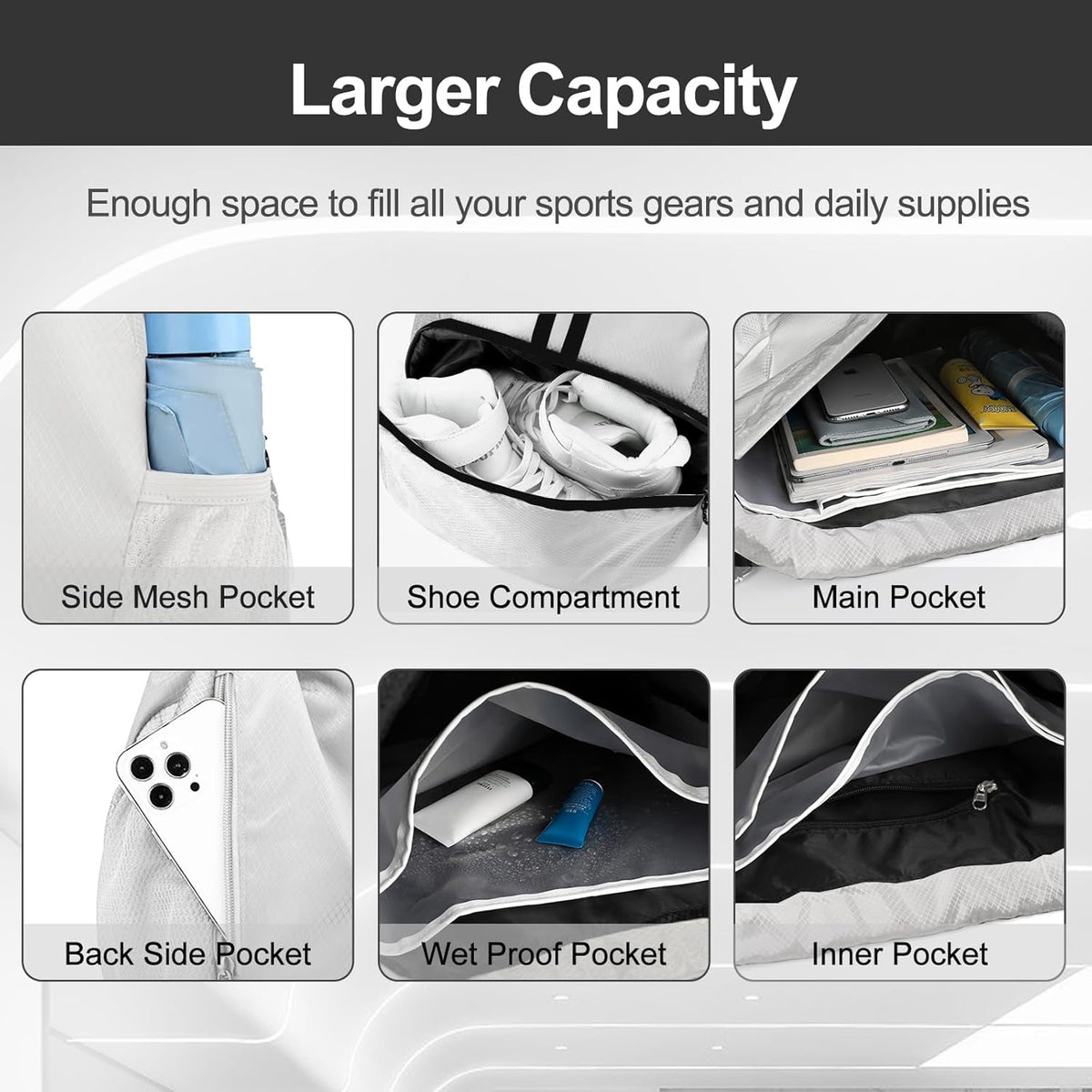 Hoedia Sports Drawstring Backpack - String Swim Gym Bag with Shoes Compartment and Wet Proof Pocket for Women/Men - PuriLite