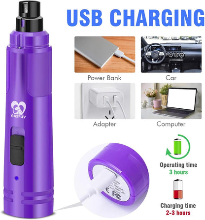 Casfuy Dog Nail Grinder with LED Light - Upgraded 2-Speed Electric Pet Nail Trimmer Powerful Painless Paws Grooming & Smoothing for Small Medium Large Dogs & Cats (Purple) - PuriLite