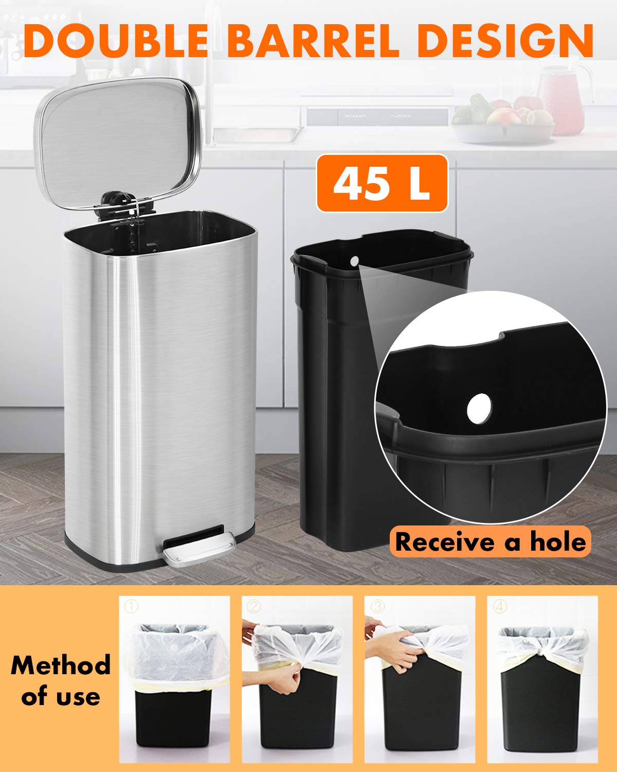 13 Gallon/50 L Garbage Can Kitchen Trash Can with Lid for Office Bedroom Bathroom Step Trash Bin Fingerprint-Proof Brushed Stainless Steel - PuriLite