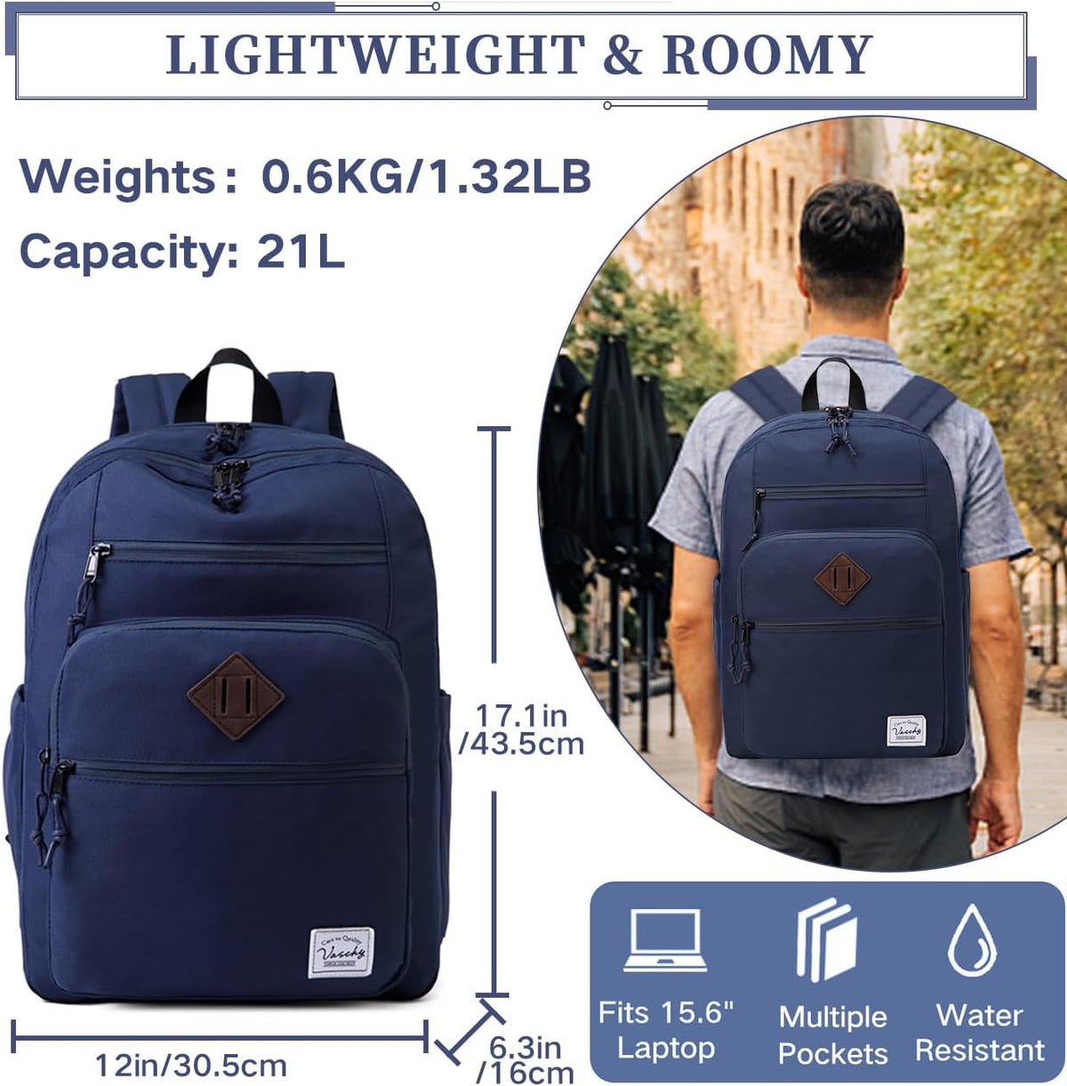 School Backpack for Men Women,Vaschy Lightweight School Bag Bookbag Casual Daypack for High School/College/Teens/Travel/Work - PuriLite