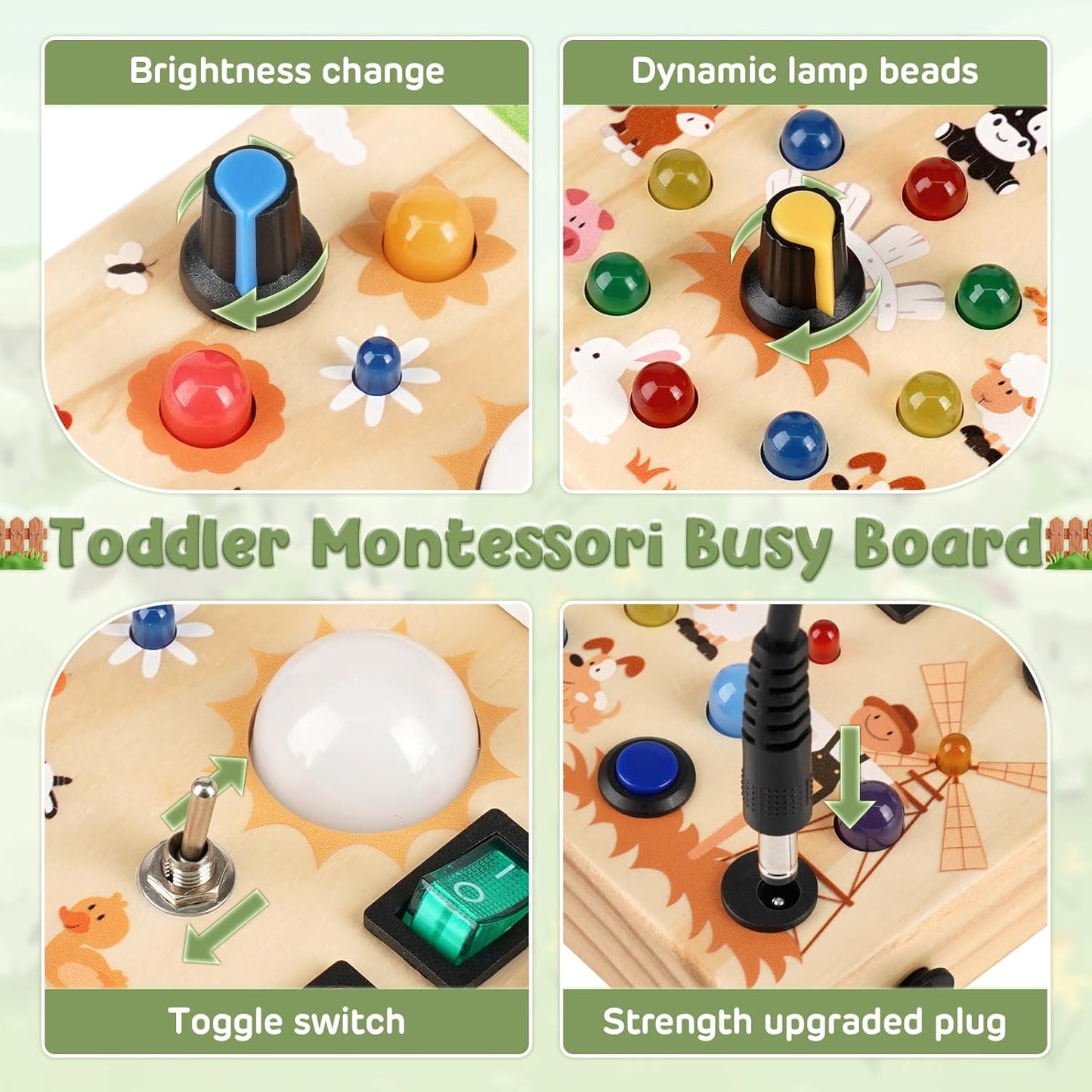 Joyreal Montessori Busy Board Wooden Sensory Toys for Toddler with LED Light Up Switch, Baby Fidget Board Travel Toys for 18+ Months, Boys Girls Birthday - PuriLite