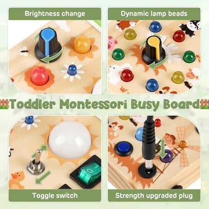 Joyreal Montessori Busy Board Wooden Sensory Toys for Toddler with LED Light Up Switch, Baby Fidget Board Travel Toys for 18+ Months, Boys Girls Birthday - PuriLite