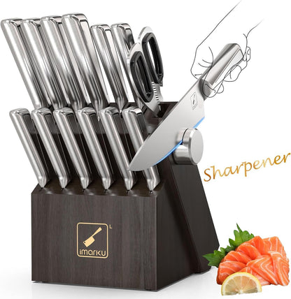 Knife Sets for Kitchen with Block imarku Japanese Knife Set Stainless Steel Kitchen with Block 14pcs, Built-in Sharpener, Sharp Knife Block Set with Non-Slip Ergonomic Handles - Dishwasher Safe - PuriLite