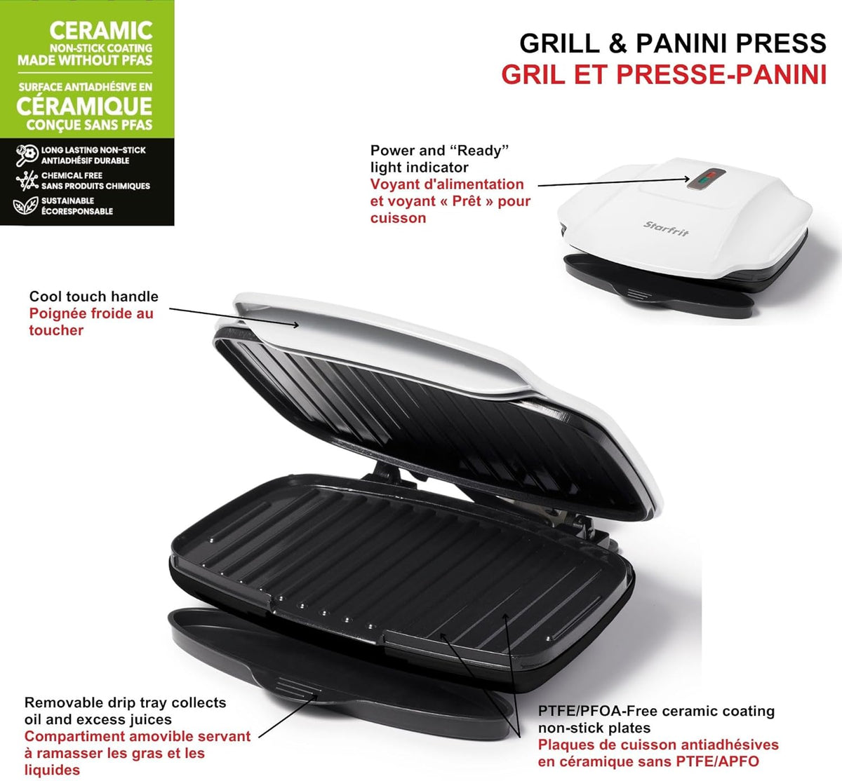 Starfrit Grill And Panini Press With Ceramic Coating - Non-Stick Coating - Removable Fat And Oil Collection - White - PuriLite