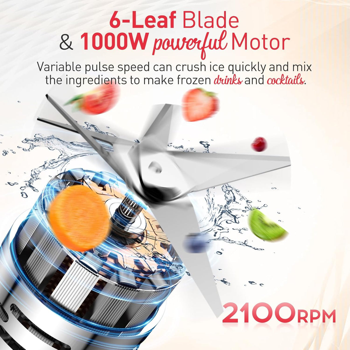 JUSANTE Smoothie Blender, 1000W Professional Kitchen Blender with Glass Jar for Shakes & Smoothies High Speed Countertop Blender for Ice Frozen Drinks - PuriLite