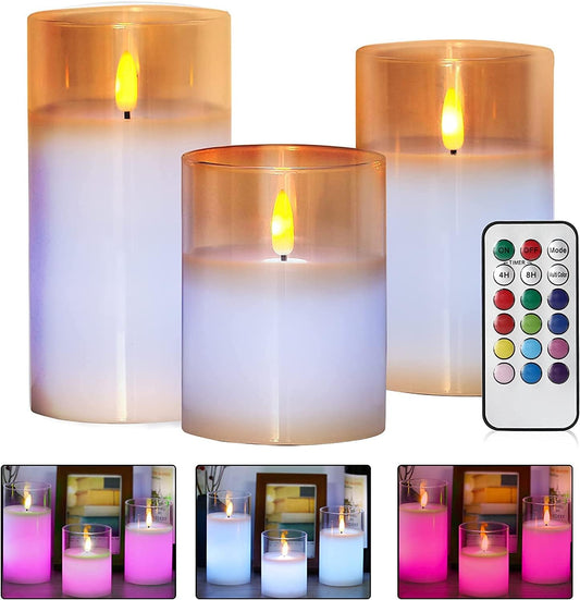 LED Candle Lights, 3 Pack Flameless Candles Flickering Battery Operated Candles LED Candles Lamp, Flashing, Wedding, Festival, Home Decoration Glass LED Pillar Candles with Remote Control & Timer - PuriLite