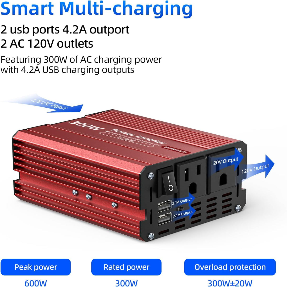 SUNWHEEL 4000W Pure Sine Wave Inverter, 12V DC to 110V/120V AC Power Inverter for RV、Microwave、Off Grid、Truck、Refrigerator、Air Conditioner with 4 AC outlets and LCD Display - PuriLite