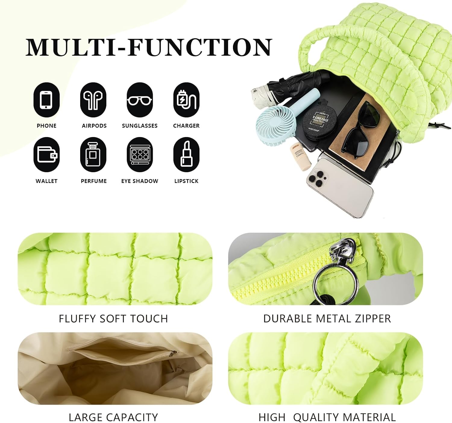 Quilted Puffer Tote Bag Large Crossbody Shoulder Bag with Zipper, Nylon Hobo Oversized Handbag - PuriLite