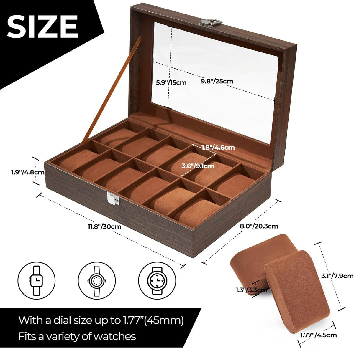 Ohuhu Watch Box Organizer for Men -12 Slot Leather Watch Case with Real Glass Lid Watch Display Case, Watch Organizer Jewelry Storage Box - PuriLite