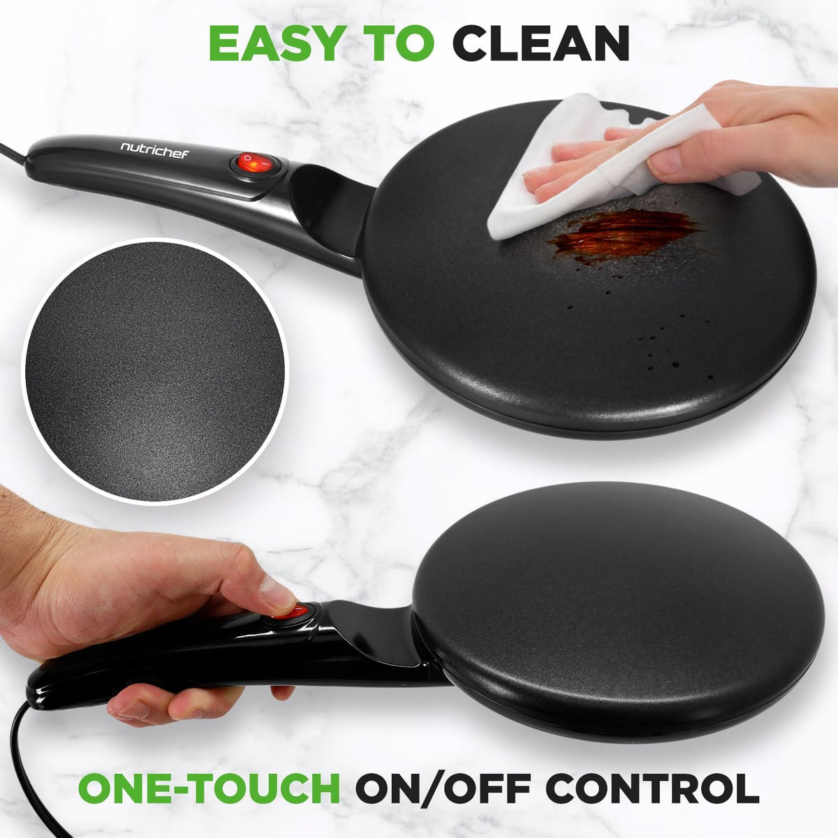 NutriChef Electric Crepe Maker, Cooks Roti, Tortillas, Pancakes, Nonstick Cooktop, 8-inch Cook Area On/Off Switch, Automatic Temperature Control & Cool Touch Handle, Includes Food Bowl, Whisk, Spatula - PuriLite