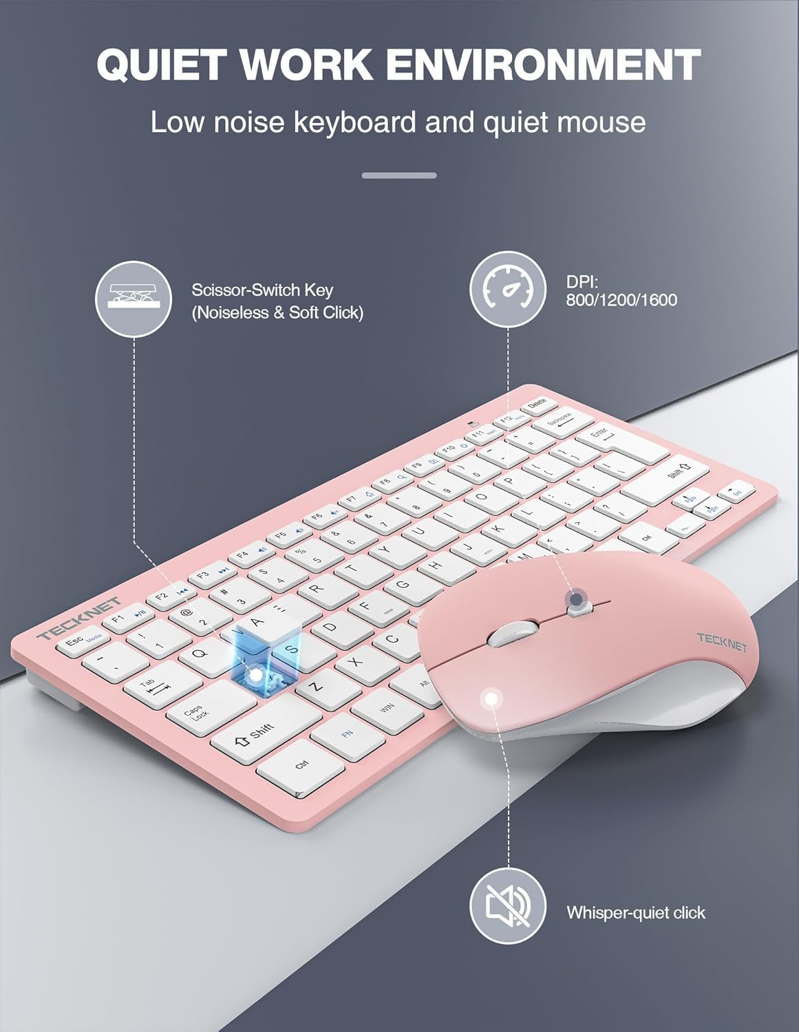 TECKNET Keyboard and Mouse Wireless - Compact 2.4GHz Wireless Keyboard and Mouse Combo with Adjustable DPI, Ultra-Quiet Clicks, Lag-Free Performance for Computer, Laptop, PC, Windows, Mac, Chrome OS - PuriLite
