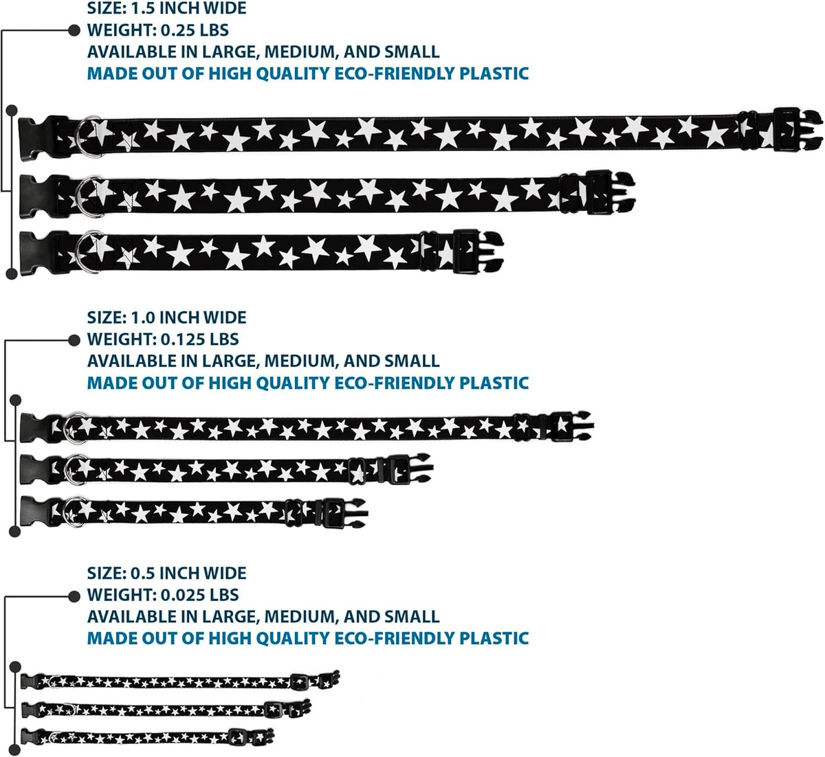 Buckle-Down PC-W21909-M Dog Collar Plastic Clip Buckle, 1"x11"-17", Star Black/White - PuriLite