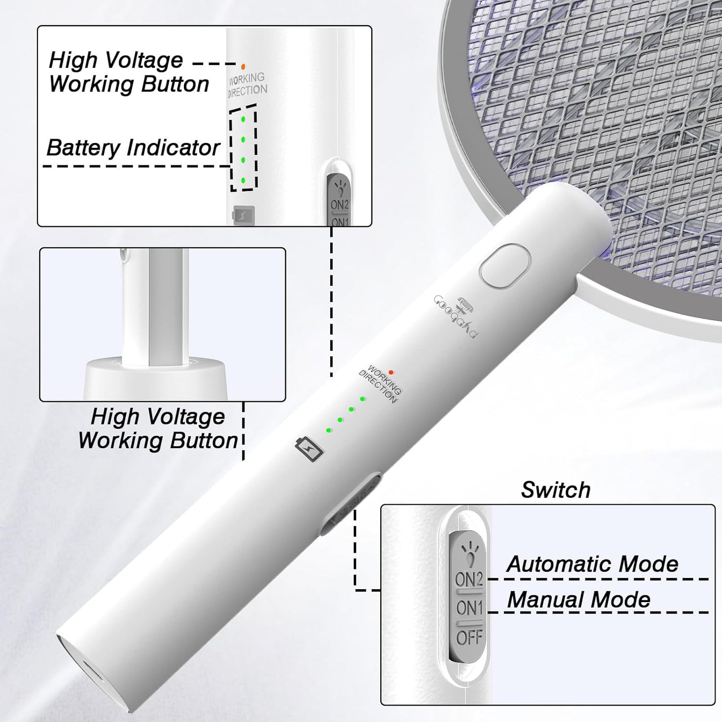 Gooqand Bug Zapper Racket, 2 in 1 Electric Fly Swatte with 3 Layer Safety Mesh, 4000V Fly Zapper with USB Rechargeable, Indoor Outdoor Fly Racket for Bedroom, Kitchen, Camping - PuriLite