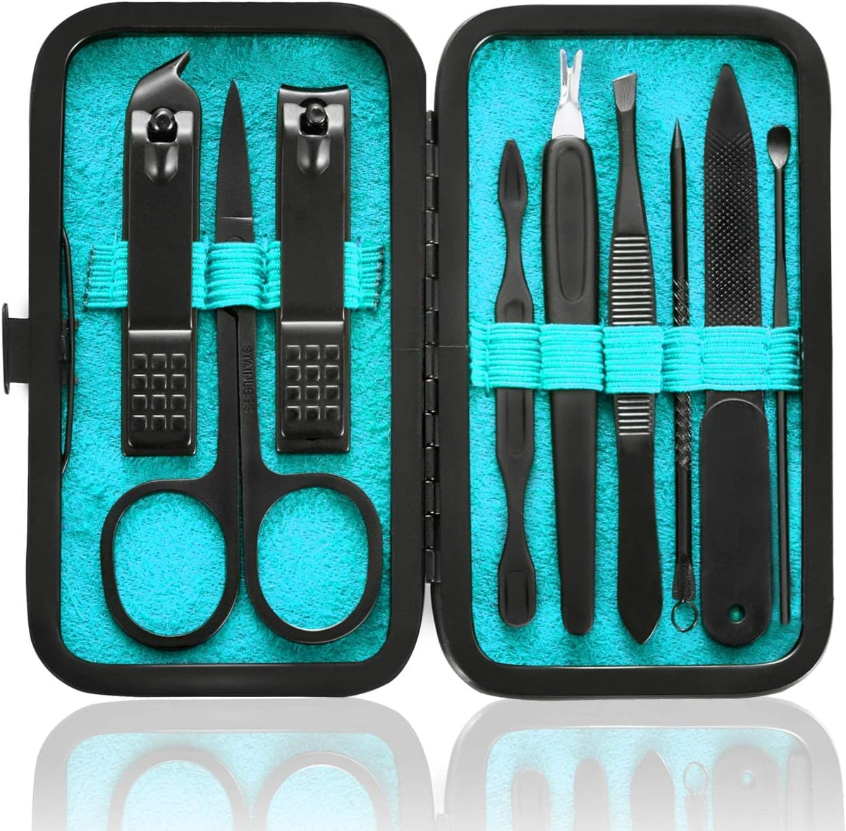 Manicure Set 9 in 1 Stainless Steel, Nail Clippers Scissors Pedicure Tools Kit - Portable Travel Grooming Kit for Men and Women with Black/Red Leather Case (Blue) - PuriLite