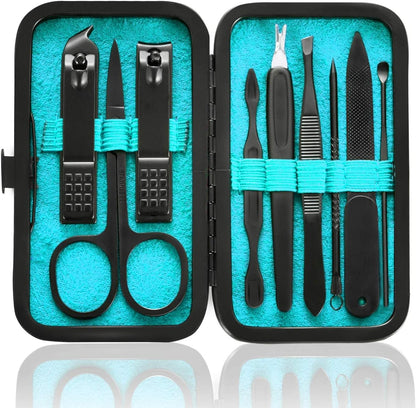 Manicure Set 9 in 1 Stainless Steel, Nail Clippers Scissors Pedicure Tools Kit - Portable Travel Grooming Kit for Men and Women with Black/Red Leather Case (Blue) - PuriLite