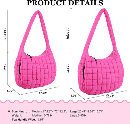 Quilted Puffer Tote Bag Large Crossbody Shoulder Bag with Zipper, Nylon Hobo Oversized Handbag - PuriLite