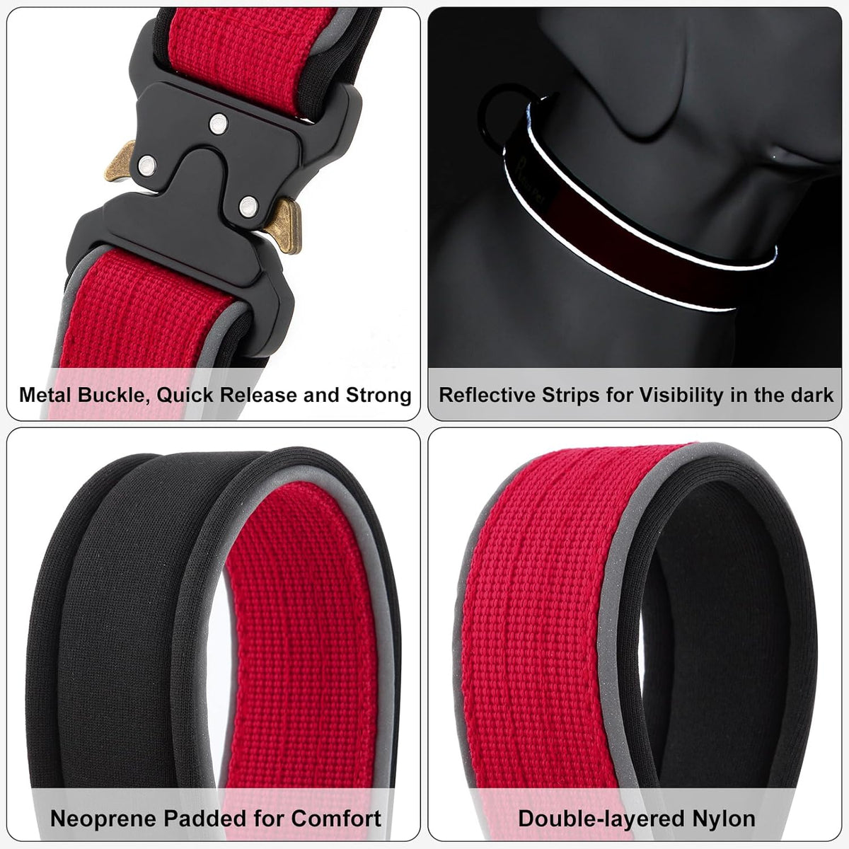 Plutus Pet Tactical Dog Collar, Reflective, Adjustable Heavy Duty Dog Collar, Soft Padded and Comfortable, for Small Medium and Large Dogs (Red, L) - PuriLite