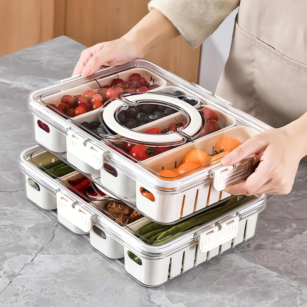 KIGITIONE Snackle Box, Pink 8 Compartments Portable Serving Tray, Divided Snackle Box Container with Lid and Handle, Snack Organizer for Fruits, Snacks, Nuts, Candy, Ideal for Party, Travel & Picnics - PuriLite