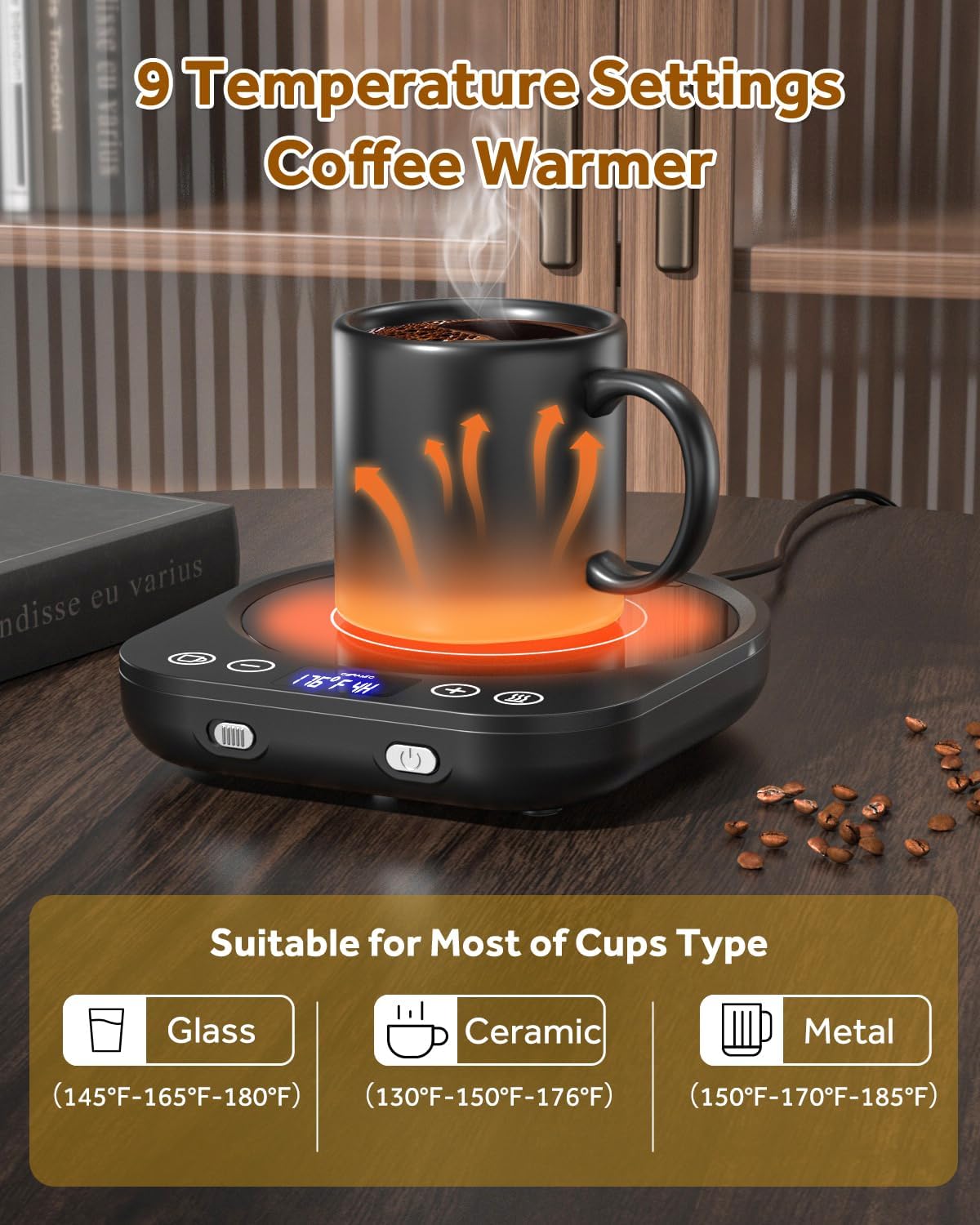Mug Warmer Coffee Cup Warmer for Desk, New Upgrade Gravity-Induction Beverage Warme with 9 Temperature Settings and 1-9H Timer Smart Candle Cup Warmer for Home & Office (Black - PuriLite