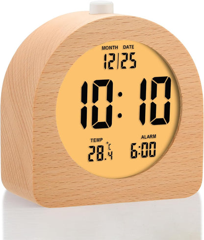 Plumeet Wooden Digital Alarm Clock for Bedrooms, Wood 4'' Battery Powered Alarm Clock with Snooze and Nightlight, Electronic LCD Desk Clock Display Time, Date, Temp, 12/24H, Wood Décor (Sapele, 3.2'') - PuriLite