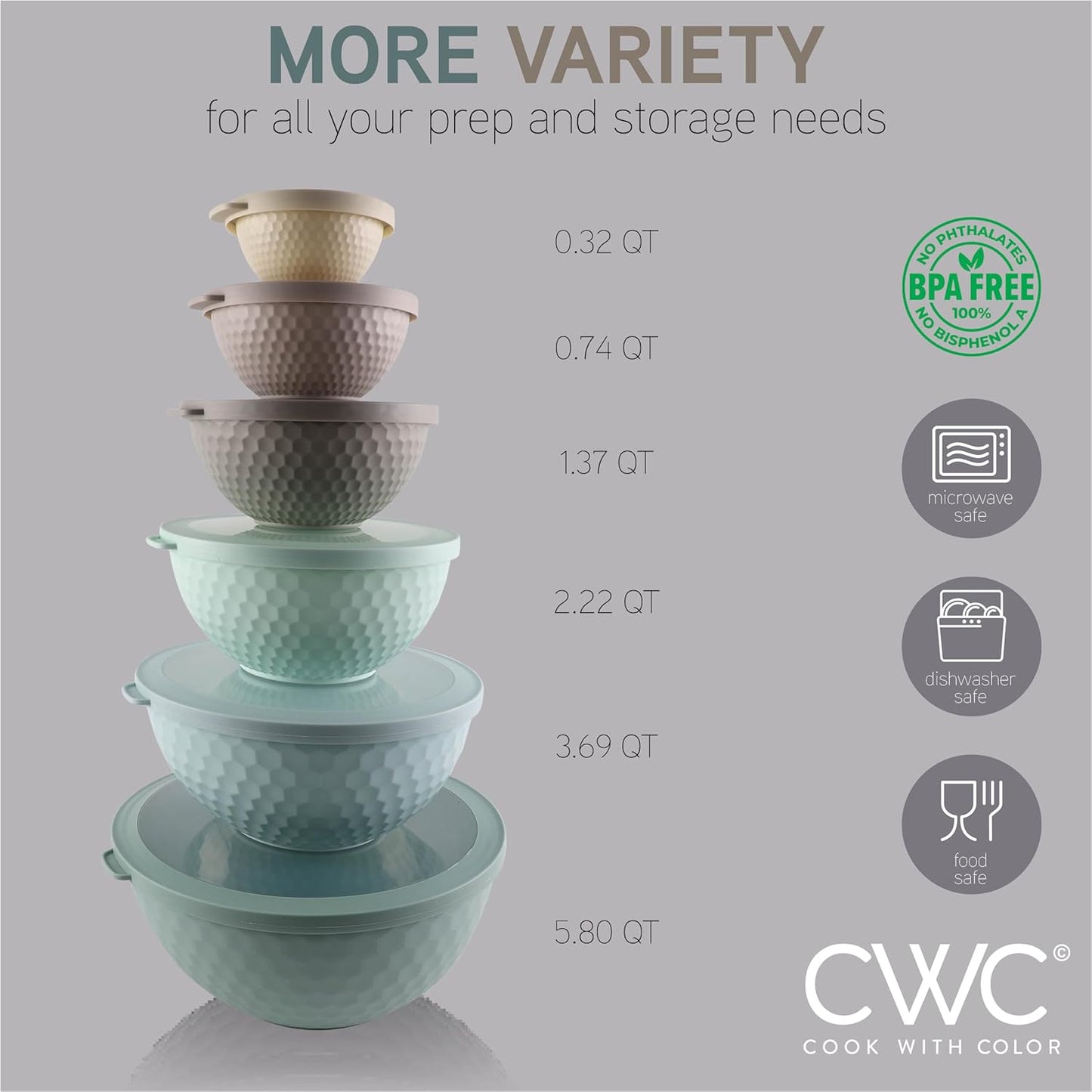 COOK WITH COLOR Mixing Bowls with TPR Lids - 12 Piece Plastic Nesting Bowls Set Includes 6 Prep Bowls and 6 Lids, Microwave Safe Mixing Bowl Set (Mint) - PuriLite
