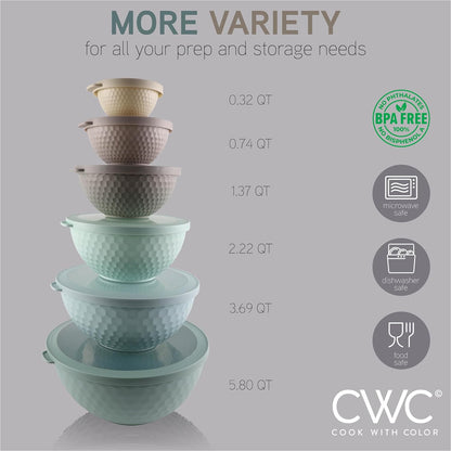 COOK WITH COLOR Mixing Bowls with TPR Lids - 12 Piece Plastic Nesting Bowls Set Includes 6 Prep Bowls and 6 Lids, Microwave Safe Mixing Bowl Set (Mint) - PuriLite