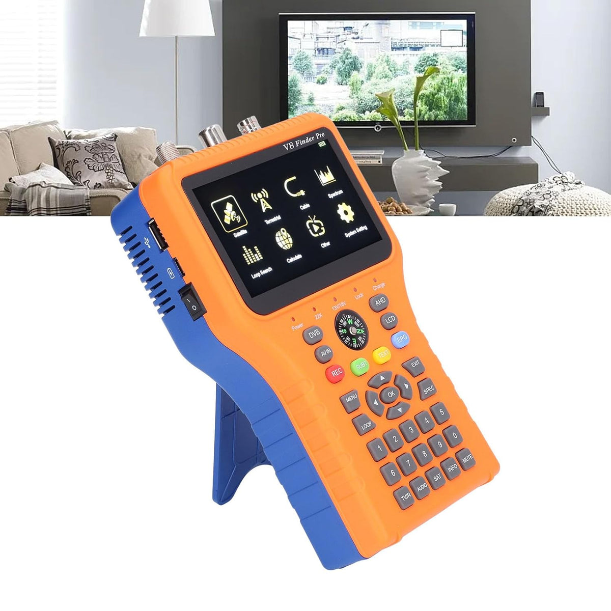 Satellite Finder, V8 Finder PRO FTA DVB S2 S2X Meter Digital Satellite Finder with 4.3inch LCD Screen Compass Function (US Plug) - PuriLite