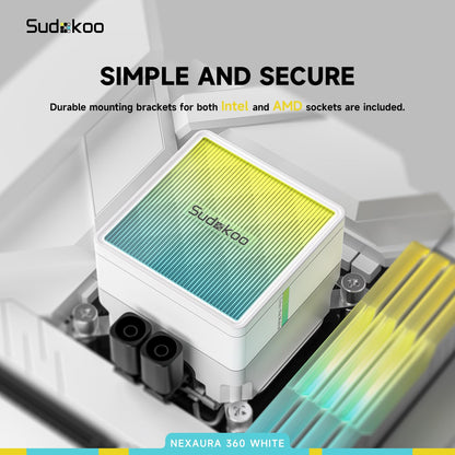 Sudokoo NEXAURA 240 Liquid CPU Cooler: 240mm AIO CPU Cooler with PWM Pump & ARGB Pump Head - Water Cooling with FDB Fans for Intel LGA 1851/1700/1200/115X AMD AM5/AM4 - Black - PuriLite