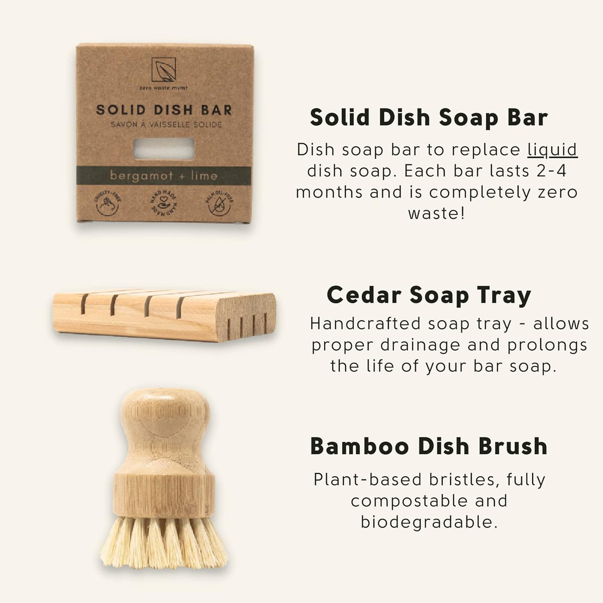 Zero Waste Dish Washing Bundle Kit | Eco-Friendly Solid Dish Soap Bar, Cedar Tray, Bamboo Pot Brush | Organic, Vegan, Non-Toxic Dish Soap | 3pc. Set - PuriLite