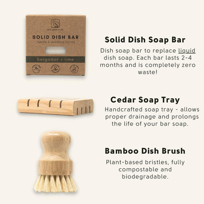 Zero Waste Dish Washing Bundle Kit | Eco-Friendly Solid Dish Soap Bar, Cedar Tray, Bamboo Pot Brush | Organic, Vegan, Non-Toxic Dish Soap | 3pc. Set - PuriLite