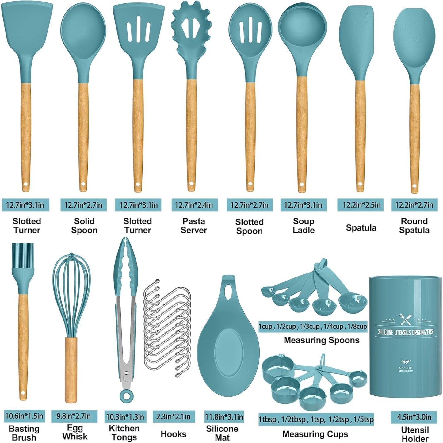 Umite Chef Kitchen Cooking Utensils Set, 33 pcs Non-Stick Silicone Cooking Kitchen Utensils Spatula Set with Holder, Wooden Handle Silicone Kitchen Gadgets Utensil Set (Khaki) - PuriLite