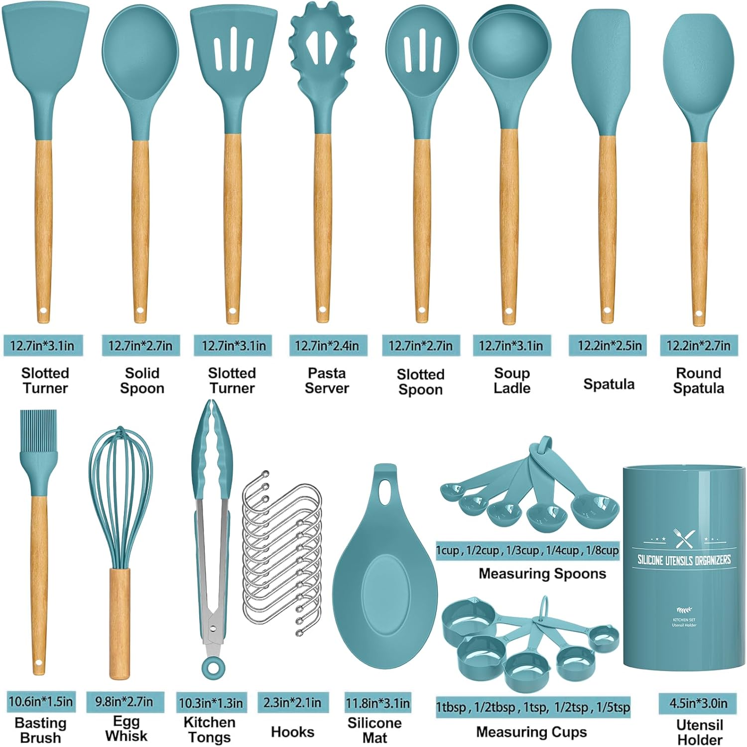 Umite Chef Kitchen Cooking Utensils Set, 33 pcs Non-Stick Silicone Cooking Kitchen Utensils Spatula Set with Holder, Wooden Handle Silicone Kitchen Gadgets Utensil Set (Khaki) - PuriLite