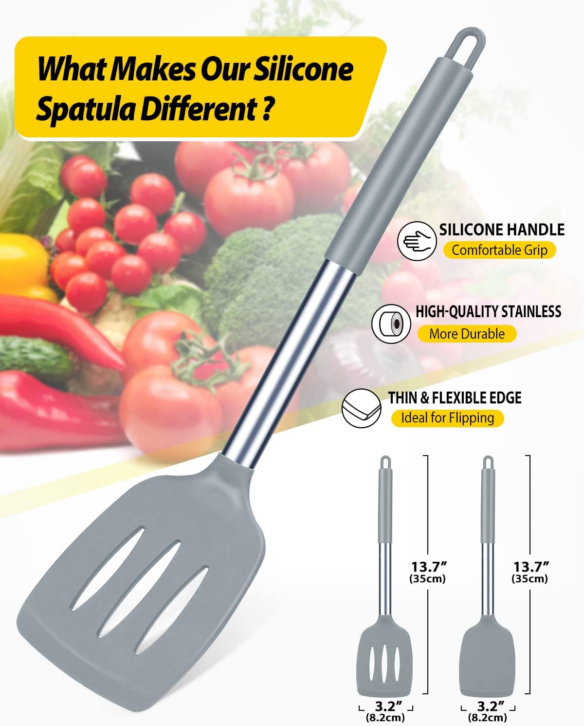 Pack of 2 Silicone Slotted Spatula,Non Stick Solid Kitchen Turner, High Heat Resistant BPA Free Cooking Utensils for Fish, Eggs, Pancakes（Black - PuriLite