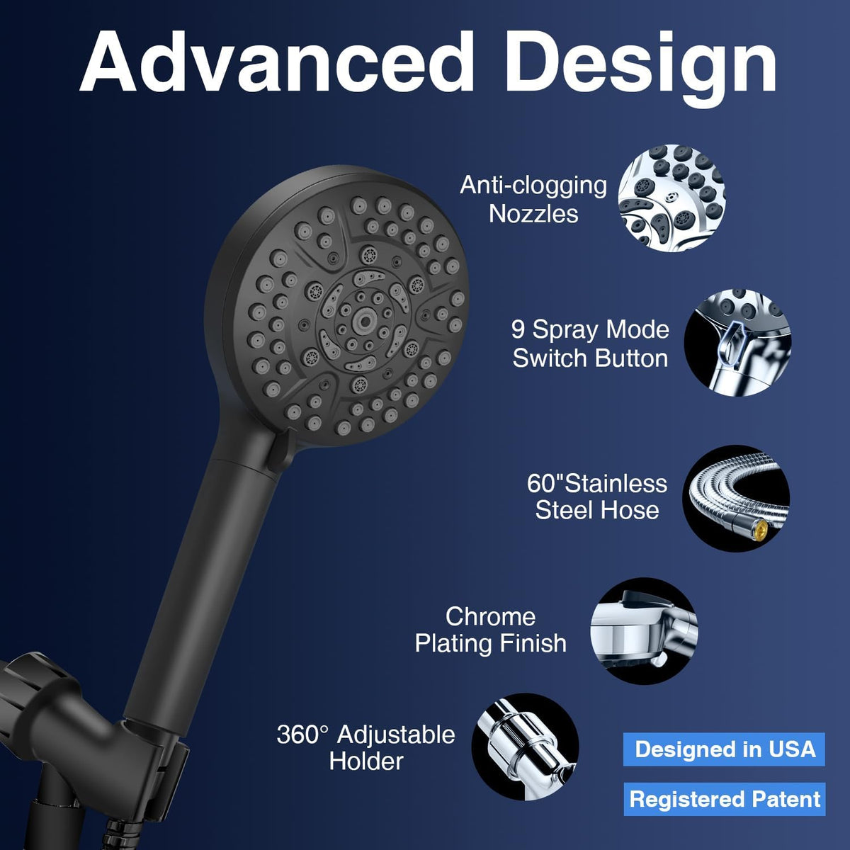 High Pressure 10-Mode Handheld Shower Head - Built in Power Wash for Clean, Replaceable Filter Soften Hard Water Remove Chlorine, 60 Inches Hose, Overhead Bracket, Anti-Clog Nozzle (Chrome) - PuriLite