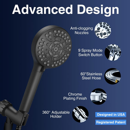 High Pressure 10-Mode Handheld Shower Head - Built in Power Wash for Clean, Replaceable Filter Soften Hard Water Remove Chlorine, 60 Inches Hose, Overhead Bracket, Anti-Clog Nozzle (Chrome) - PuriLite