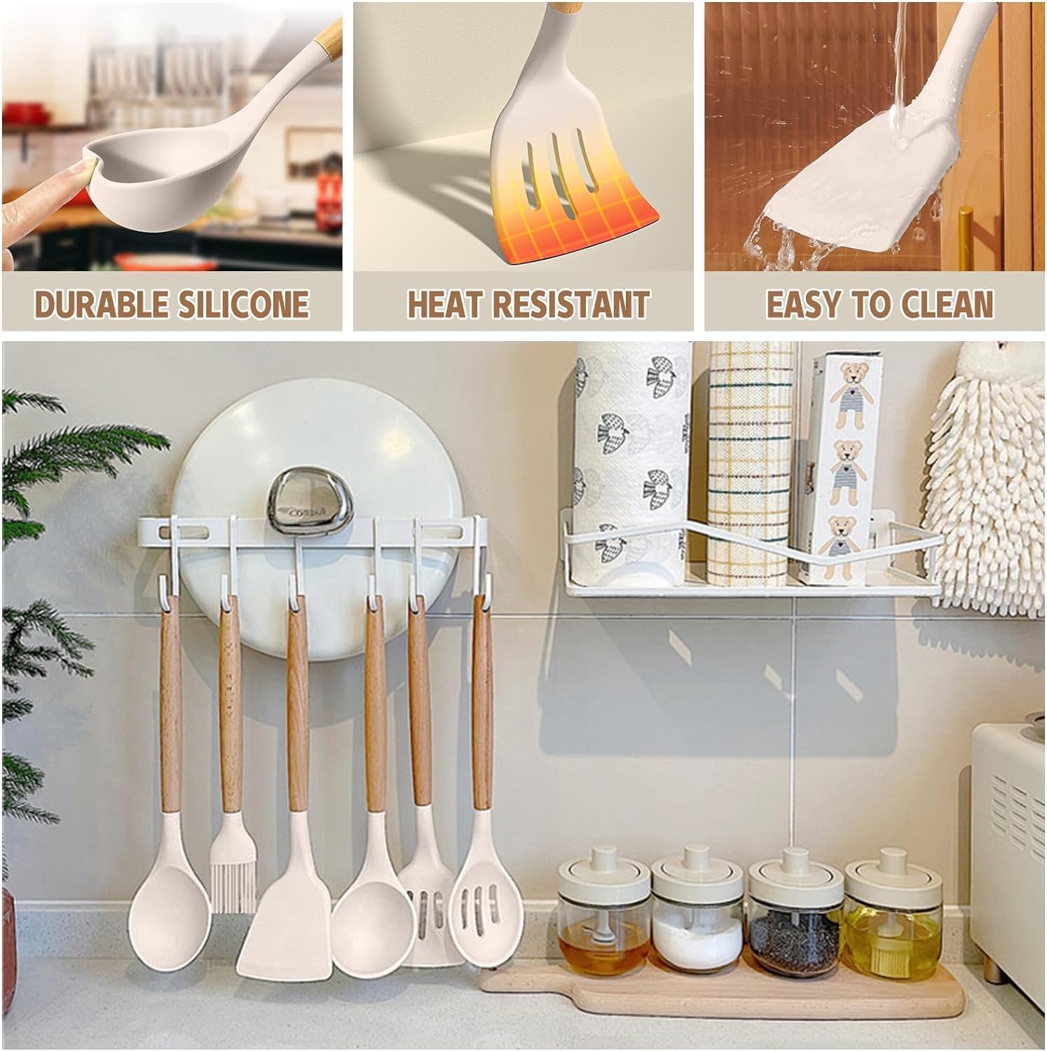 Umite Chef Kitchen Cooking Utensils Set, 33 pcs Non-Stick Silicone Cooking Kitchen Utensils Spatula Set with Holder, Wooden Handle Silicone Kitchen Gadgets Utensil Set (Khaki) - PuriLite