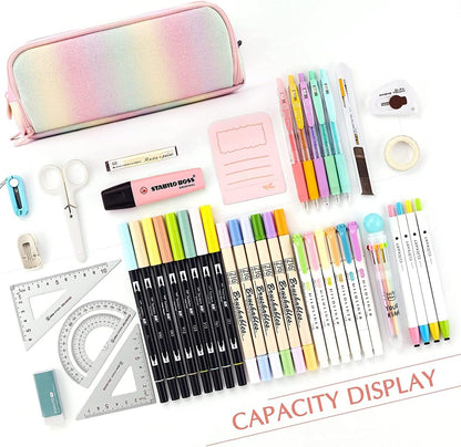 Big Capacity Pencil Case, OLIYuMi 3 Compartment Pencil Pouch Pencil Bag Storage Box Stationery Organizer Makeup Bag with Zipper Closure for Student Office College Boys and Girls (Pink) - PuriLite