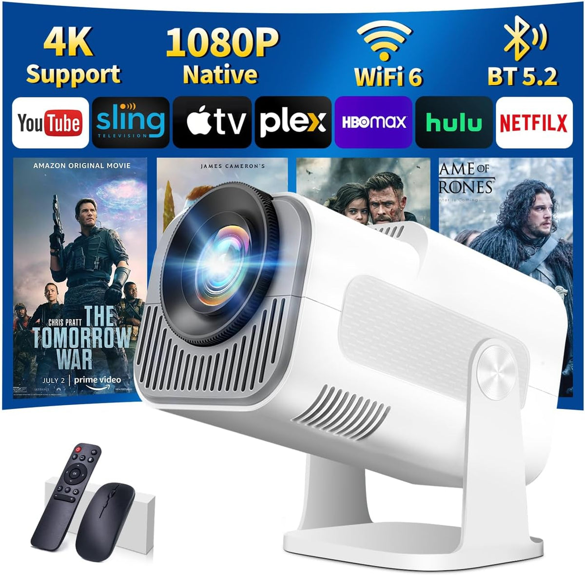 [Built-in App] Mini Projector 1080P Full HD, 4K Projector with 180° Rotation, Portable Projector WiFi 6&Bluetooth 5.2 Support, Featuring Auto Keystone Correction, HDMI/USB Connectivity White - PuriLite
