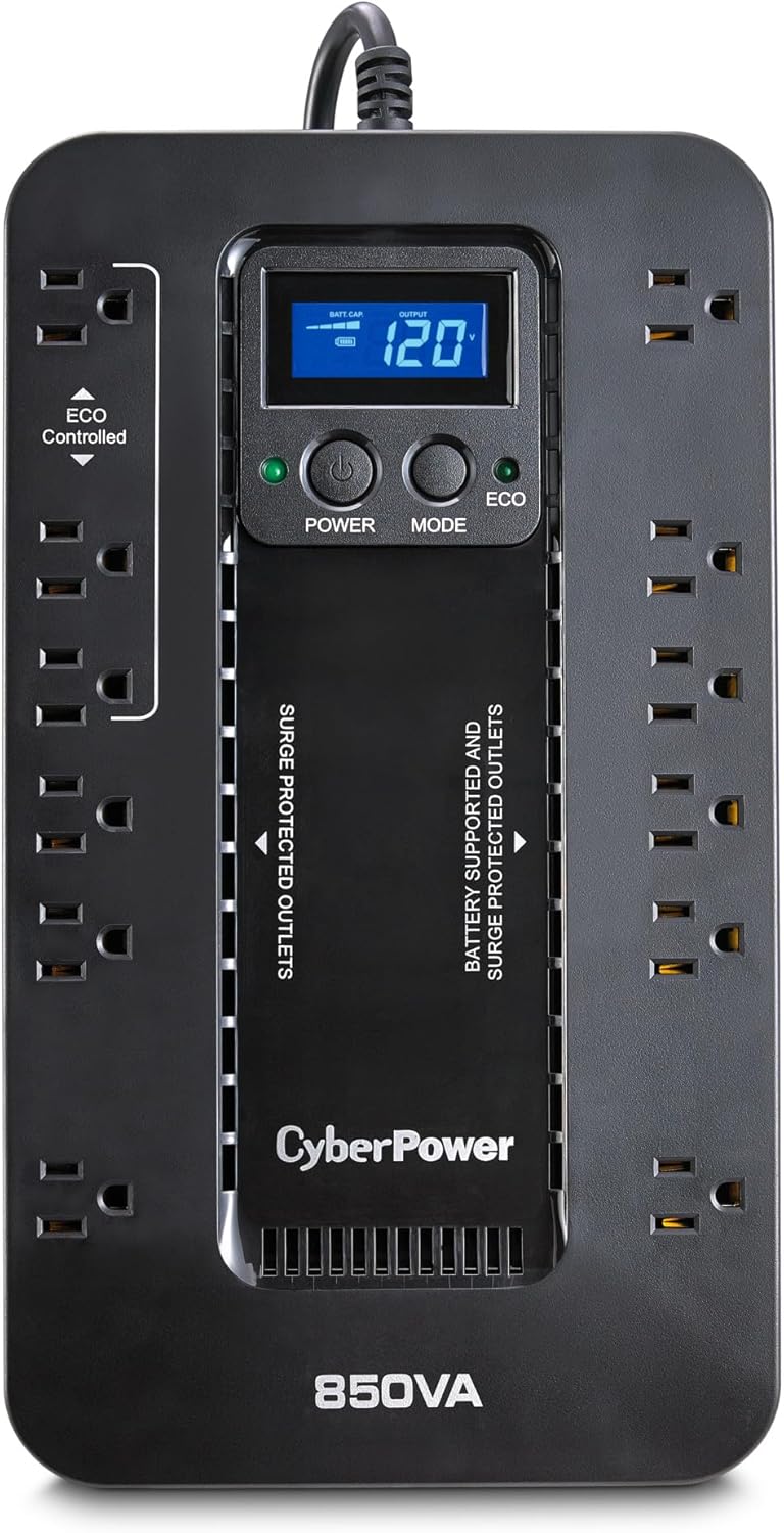 CyberPower EC850LCD Ecologic Battery Backup & Surge Protector UPS System, 850VA/510W, 12 Outlets, ECO Mode, Compact, Uninterruptible Power Supply - PuriLite