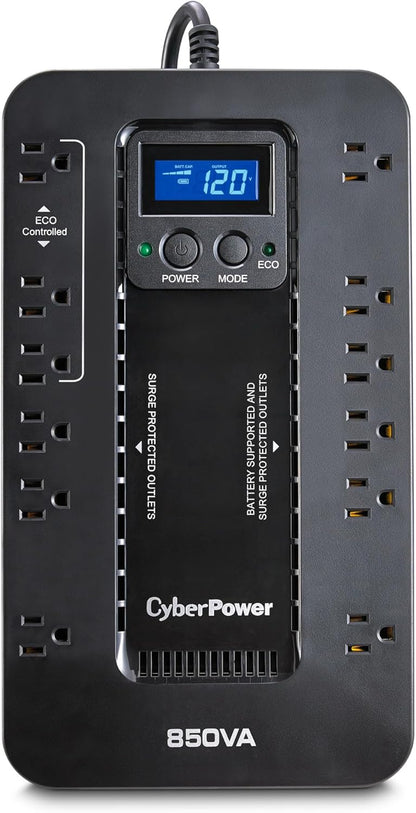 CyberPower EC850LCD Ecologic Battery Backup & Surge Protector UPS System, 850VA/510W, 12 Outlets, ECO Mode, Compact, Uninterruptible Power Supply - PuriLite