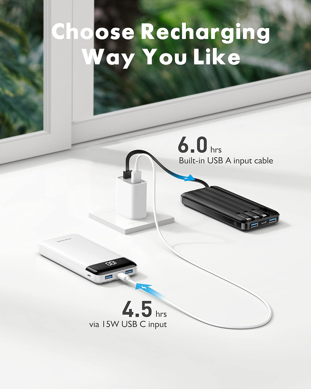 Charmast 2 Pack of Portable Chargers with Built in Cables, 2PCS Slim 10000mAh Travel Essentials Battery Pack 6 Outputs 3A Power Banks for iPhone Samsung Pixel LG Moto iPad (Black + Black) - PuriLite