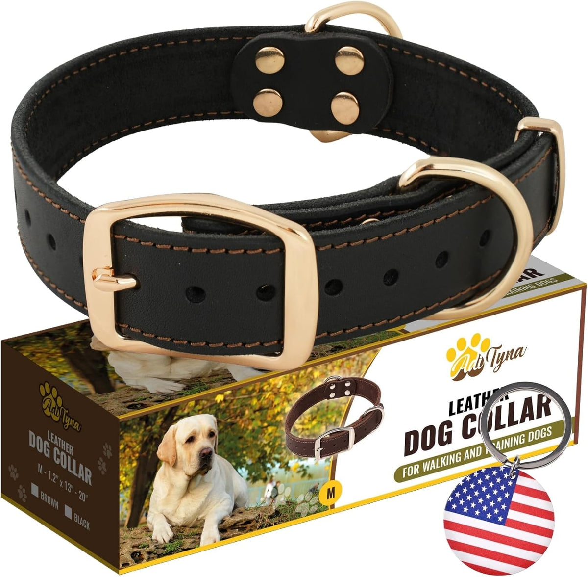 ADITYNA Heavy-Duty Leather Dog Collar for Medium Dogs - Soft and Strong, 100% Genuine Leather - Collier Pour Chien (Medium: Fit 13" - 20" Neck, Brown) - PuriLite