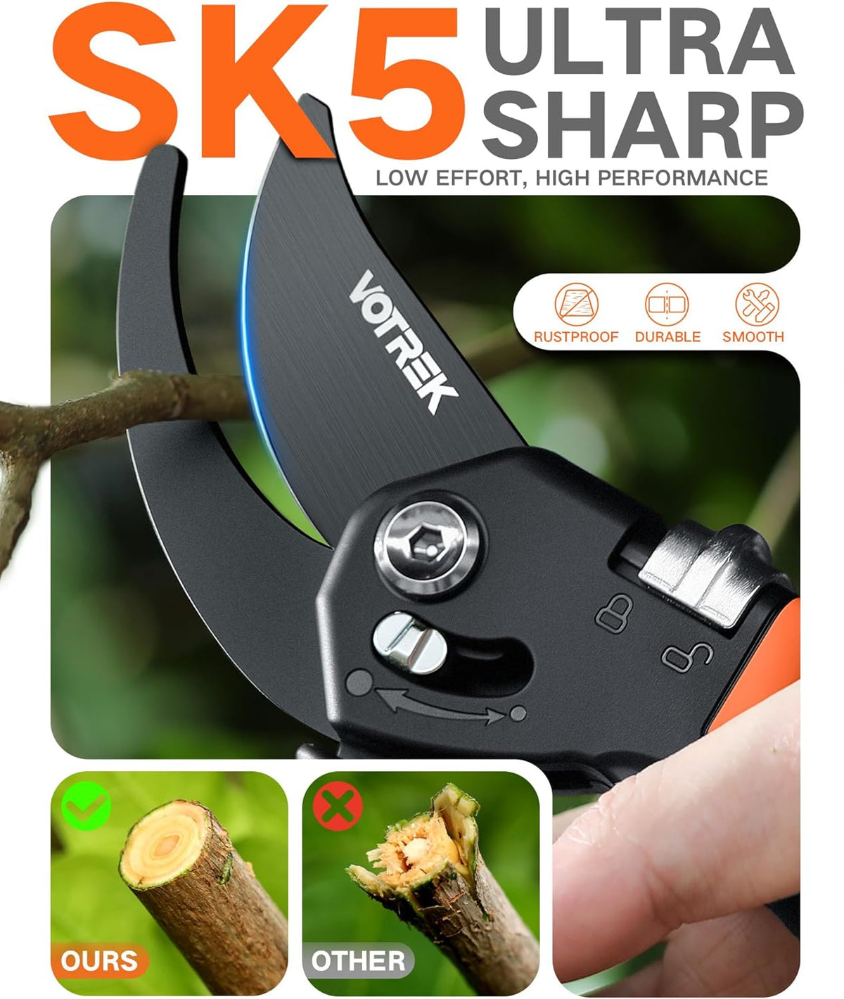 VOTREK Pruning Shears - 8.5" Heavy Duty Bypass Pruners for Gardening with Built-in Spring & SK5 Steel Blades - Ergonomic Adjustable Handle for All Hand Sizes, Garden Clipper Plant Scissors for Branch - PuriLite