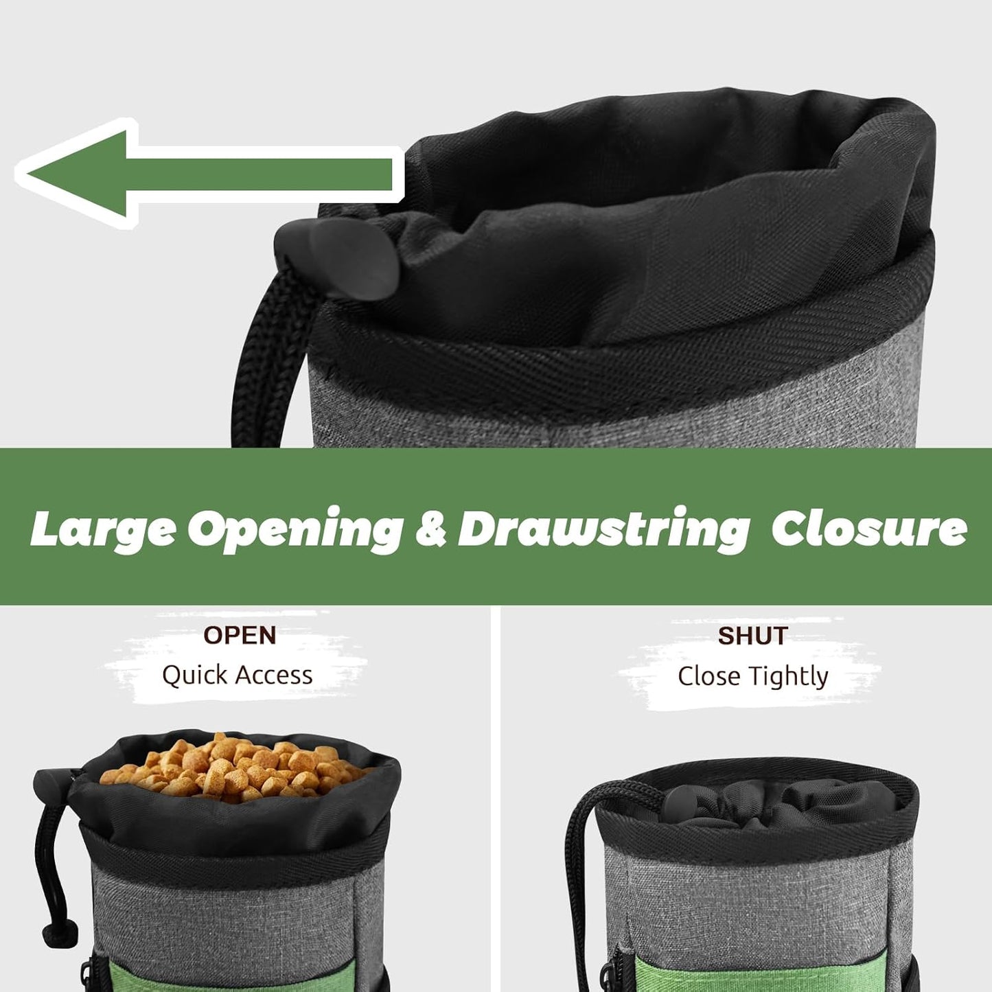 LIOOPET Dog Treat Pouch - Fashionable Green&Grey Design - Large Capacity Dog Treat Bag for Dog Walks, Outdoor Activities, Travel and Training - Includes 1 Poop Bags - PuriLite