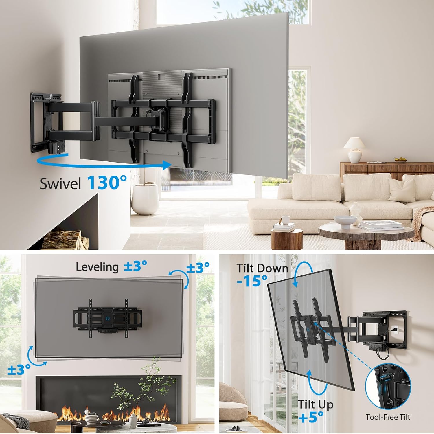 Pipishell Full Motion TV Wall Mount with Power Strip for 42–90 Inch TVs up to 150 lbs, Pre-Assembled TV Mount Has Smooth Swivel, Tilt, Extension, Max VESA 600x400mm, 12“/16”/24” Wood Studs, PILF19 - PuriLite
