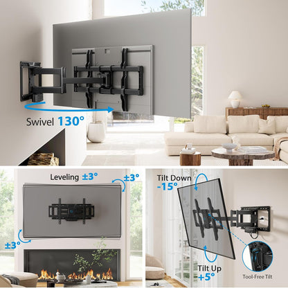 Pipishell Full Motion TV Wall Mount with Power Strip for 42–90 Inch TVs up to 150 lbs, Pre-Assembled TV Mount Has Smooth Swivel, Tilt, Extension, Max VESA 600x400mm, 12“/16”/24” Wood Studs, PILF19 - PuriLite
