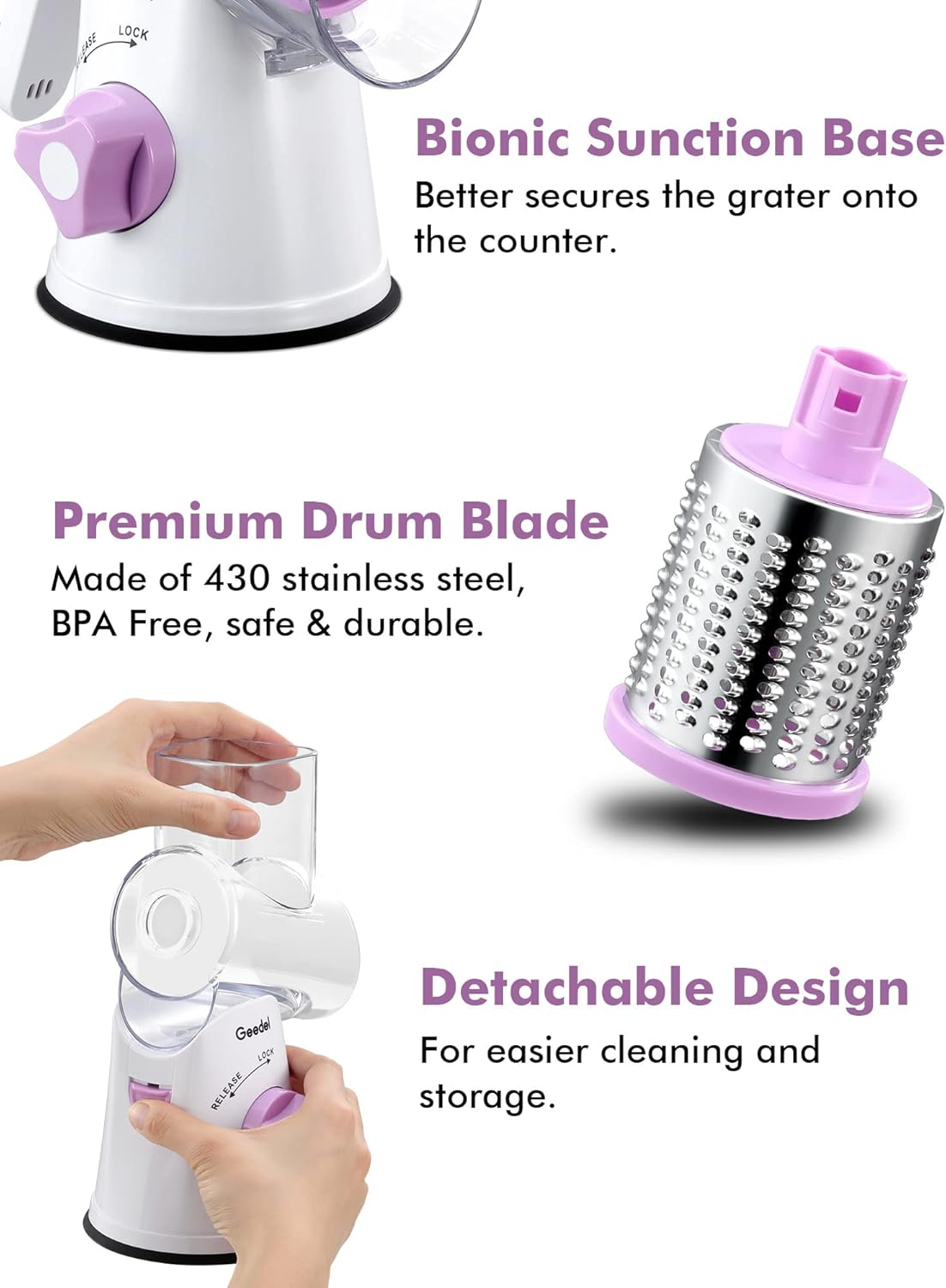 Geedel Kitchen Cheese Grater, Rotary Mandoline Vegetable Slicer with Interchangeable Blades, Easy to Use Rotary Grater Slicer for Fruit, Vegetables, Nuts - PuriLite