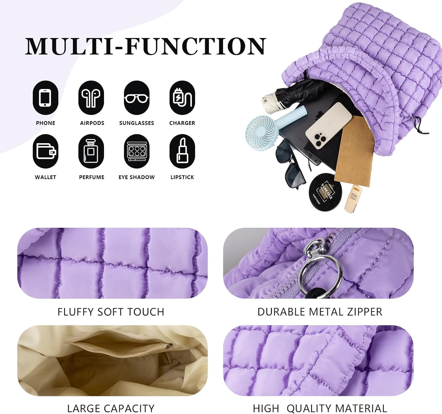 Quilted Puffer Tote Bag Large Crossbody Shoulder Bag with Zipper, Nylon Hobo Oversized Handbag - PuriLite